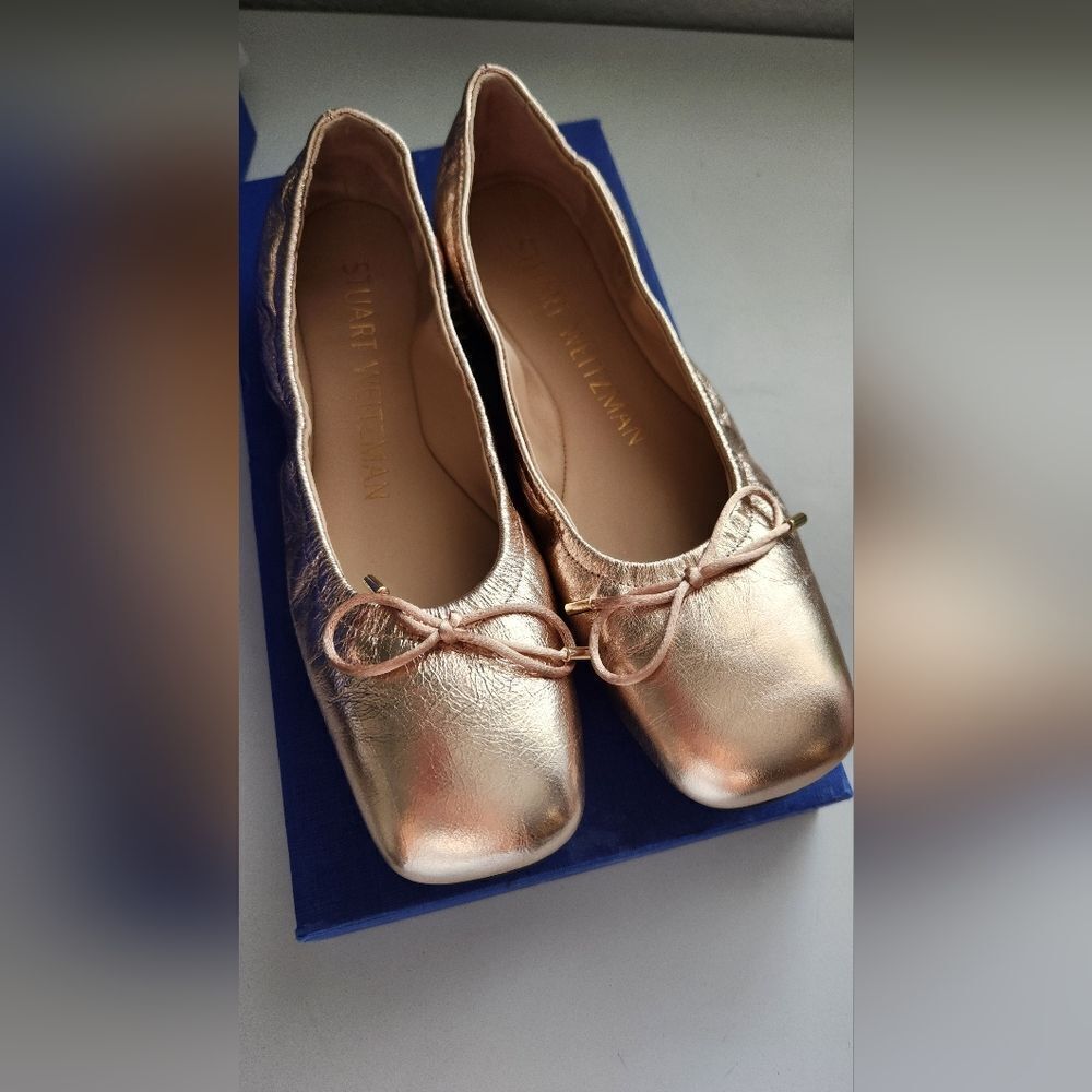 Stuart Weitzman Bardot Mettalic Bow Leather Ballet Flats Size 6.5 - Picture 4 of 5